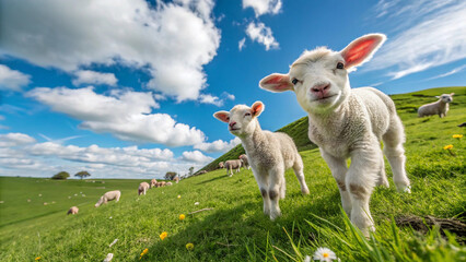 Adorable Lambs Frolicking in Sunny Spring Pasture, Cheerful Farm Animals Stock Photo