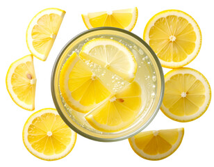 Top View of Glass of Lemonade with Floating Lemon Wedges, isolated on transparent background