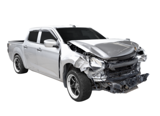 Car crash, Side view of pick up get damaged by accident on the road. damaged cars after collision. isolated on white background.
