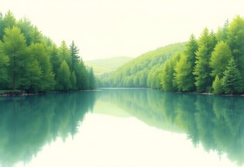Fototapeta premium Symmetrical Forest Reflection on Calm Water – Peaceful Nature Landscape with Mirror-Like Lake Surface