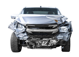 Car crash, Front view of pick up get damaged by accident on the road. damaged cars after collision....