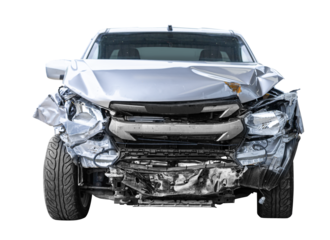 Car crash, Front view of pick up get damaged by accident on the road. damaged cars after collision. isolated on transparent background.