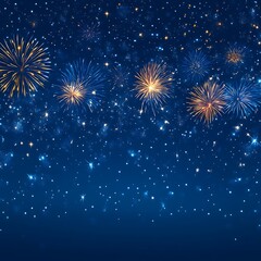 Vibrant fireworks display against a dark blue night sky, sparkling with glittering particles