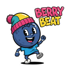Cartoon Style Happy Blueberry Character with Knitted Hat and Shoes Illustration