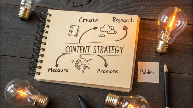 A content strategy concept is shown with create, research, measure, promote, and publish for business planning and marketing success.