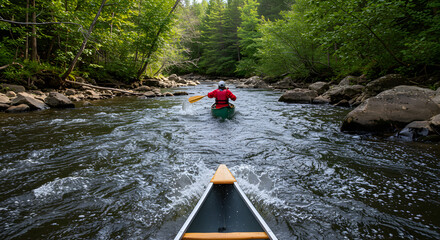 Kayaker paddling through a river surrounded by lush greenery  