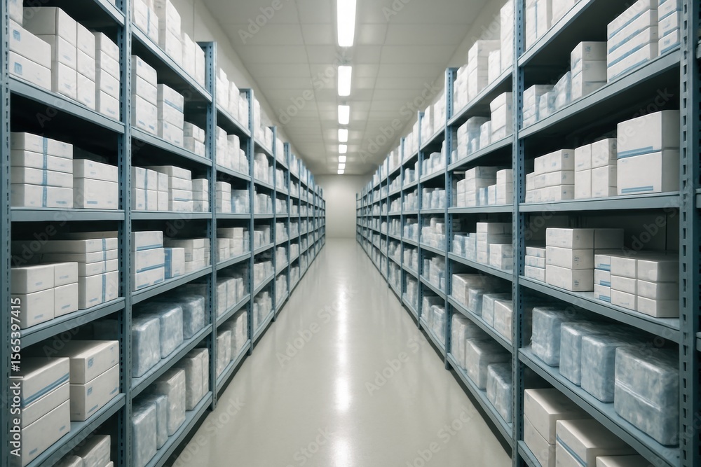 Poster warehouse inventory: rows upon rows of neatly stacked boxes fill a vast warehouse, showcasing organi