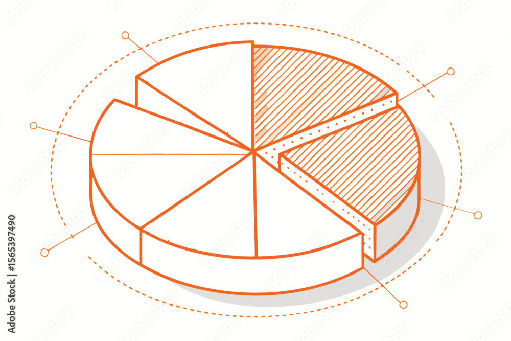 Poster 3d isometric diagram depicting data analysis and financial information with a pie chart representati