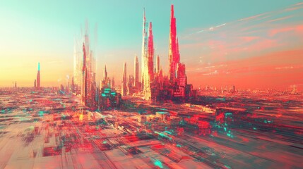 Futuristic city skyline at sunset.