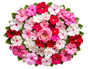 Top View of Mixed Color Balsam Flowers Arranged in Spiral Pattern, isolated on transparent background
