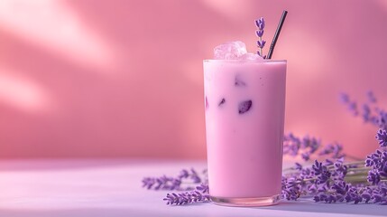 Aesthetic ube drink with soft pink and lavender background