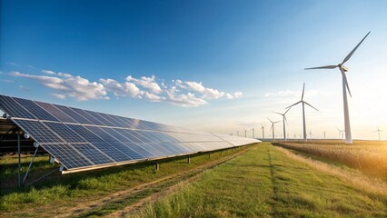 Sustainable energy landscape showing solar panels and wind turbines under a vibrant sky, promoting a greener future.