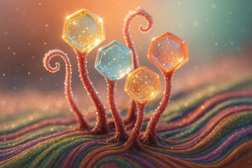 Solar dew hex pods with frosted ruby tendrils rising from colorful spectrum clay


