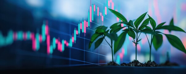 ESG, Environment and Investment Green plants growing in front of financial graphs and charts.
