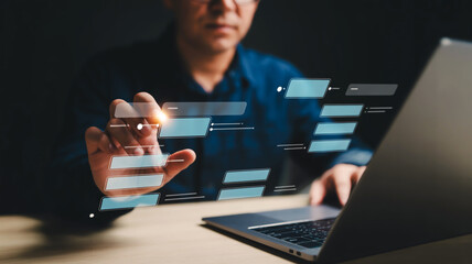 A digital illustration of a person working on a laptop with holographic interface elements floating in the foreground.