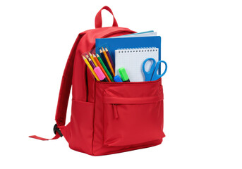 Vibrant red new nylon school backpack, open, revealing sharpened pencils, colorful markers, two notebooks, blue folder, child-safe scissors on transparent studio background with copy space,
