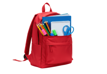 Vibrant red new nylon school backpack, open, revealing sharpened pencils, colorful markers, two notebooks, blue folder, child-safe scissors on transparent studio background with copy space,