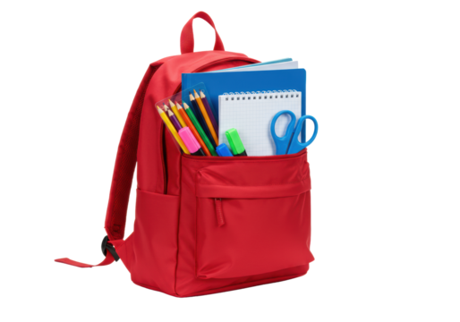 Vibrant red new nylon school backpack, open, revealing sharpened pencils, colorful markers, two notebooks, blue folder, child-safe scissors on transparent studio background with copy space, - Powered by Adobe