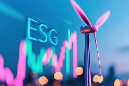 ESG, Environment and Investment ESG concept with wind turbine and digital graph visuals.