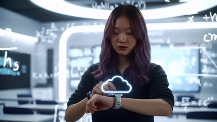 Woman with smart watch uploads to cloud with floating equations behind - Powered by Adobe