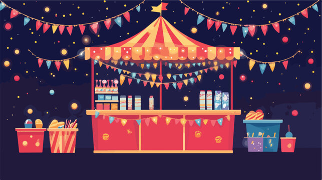 Colorful Carnival Kiosk with Decorative Garlands Flat Vector Illustration