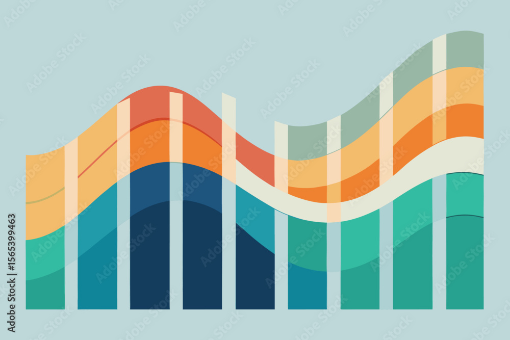Poster abstract data representation illustration with colorful waves and vertical bar charts for business s