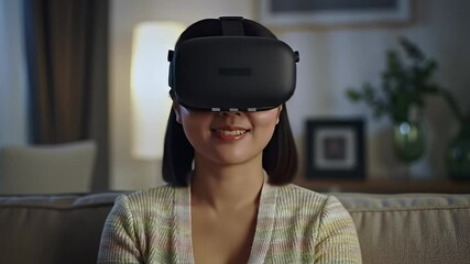 Smiling woman with VR headset, seated on a couch in a cozy living room - Powered by Adobe
