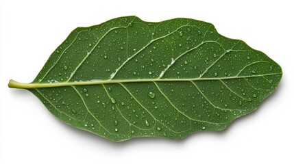 Close-up of fresh green leaves with water drops, captured clearly and precisely to easily integrate into environmentally-related designs.