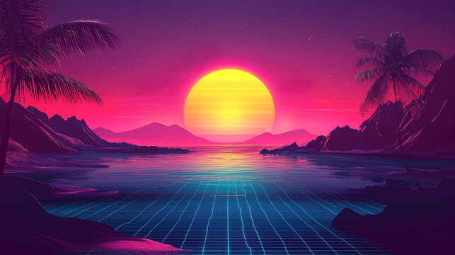 A beautiful sunset over a tropical beach with a palm tree in the foreground