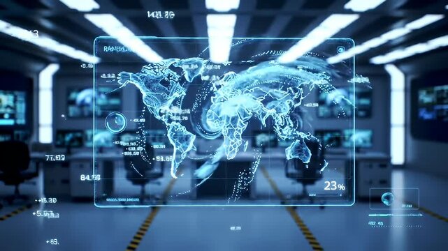 Futuristic control room with holographic world map and data overlays