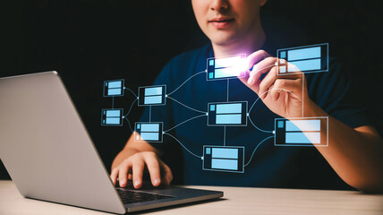 A digital illustration of a person working on a laptop with holographic interface elements floating in the foreground.