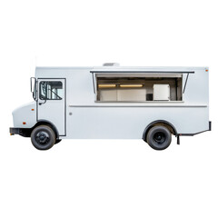 White Food Truck Ready for Service in Urban Setting with Open Window on transparent background