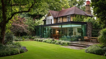 A lush wellkept lawn invites relaxation as it seamlessly connects to a striking glass extension highlighting the harmonious blend of nature and modern living in a luxurious home setting.