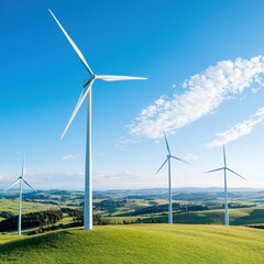 ESG, Environment and Investment Wind turbines on a hill with a blue sky and green landscape.
