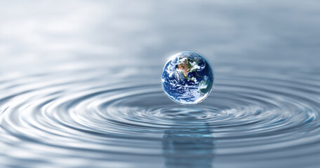 Small Earth floats above water, creating ripples in serene setting. image symbolizes global impact and environmental harmony