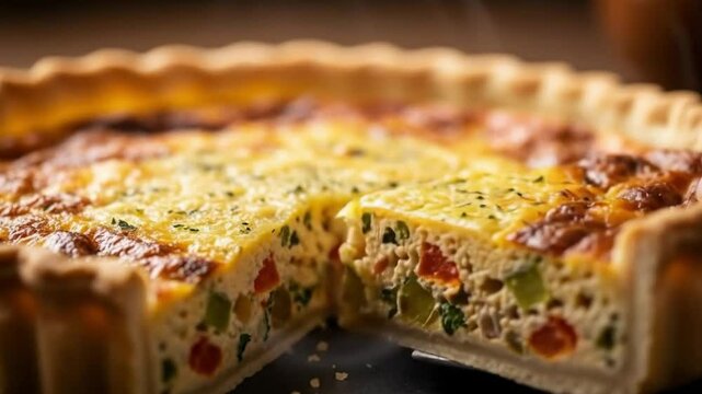 Close up of a freshly baked quiche with steam rising from it and a slice cut out of the pie dish