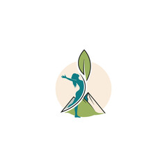 Obraz premium Women clinic logo featuring a woman silhouette, leaf, and mountain against a circular backdrop