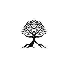 Black and white wellness clinic logo featuring a stylized tree with human form and mountain base