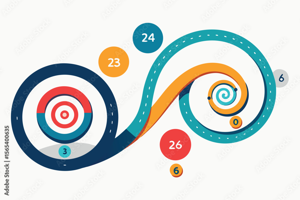 Poster abstract modern business chart with numbers and spiraling road elements on a neutral white backgroun