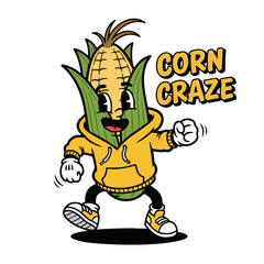 Cartoon Style Happy Corn Character with Craze Text Illustration