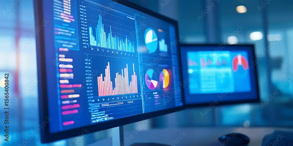 Aufkleber two computer monitors displaying data charts in a modern office setting in blue hues. analysis chart