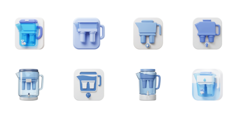 Water Filtration Systems: A visually engaging collection of water filtration systems rendered in an appealing digital design, showcasing sleek aesthetics and functionality.