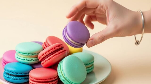 Hand holding a purple macaron above a plate filled with colorful macarons on a light background