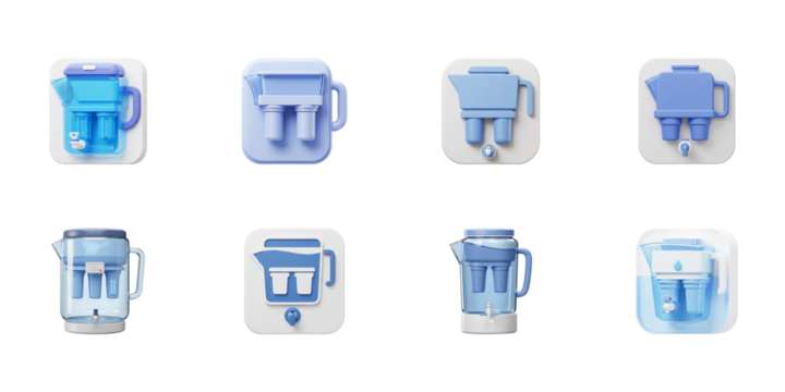 Water Filtration Systems: A visually engaging collection of water filtration systems rendered in an appealing digital design, showcasing sleek aesthetics and functionality.