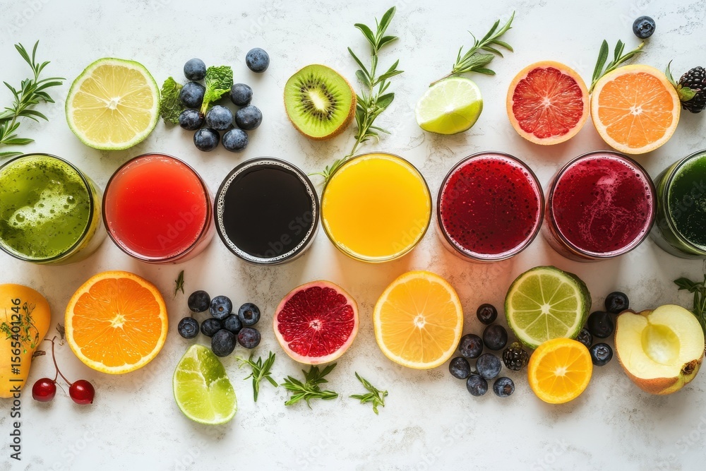 Poster high detail visual of a series of different juices with different colors of fruit and juice