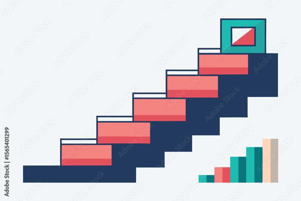 Poster ascending staircase and bar chart illustration representing business growth and data visualization c