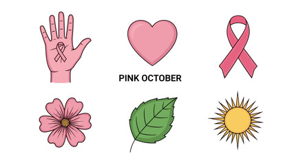 Fototapeta premium Collection of pink breast cancer awareness symbols and natural elements for october campaign use