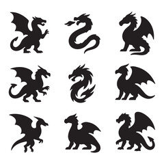 Vector Dragon Icons in Fierce Silhouette Style