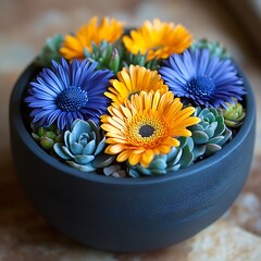 Vibrant floral arrangement in a dark bowl.  Succulents, gerbera daisies, and vibrant blue and orange flowers create a beautiful centerpiece