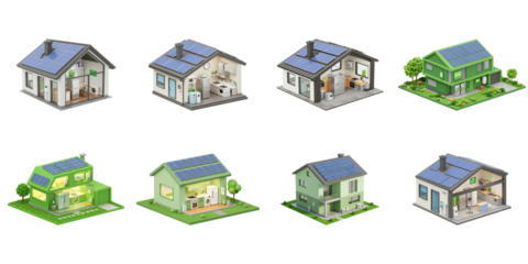 Eco-Friendly Homes: A vibrant collection of eco-friendly houses, each showcasing solar panel integration and sustainable design, promoting energy efficiency and environmental responsibility.